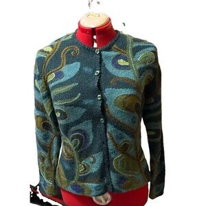 Tabask Handmade Peru Cardigan Sweater Blue Teal  Green Wool Boho Cottagecore M
